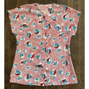 Tess Women's Blouse Short Sleeve Size 6 Vintage Red Multicolor Cute EUC